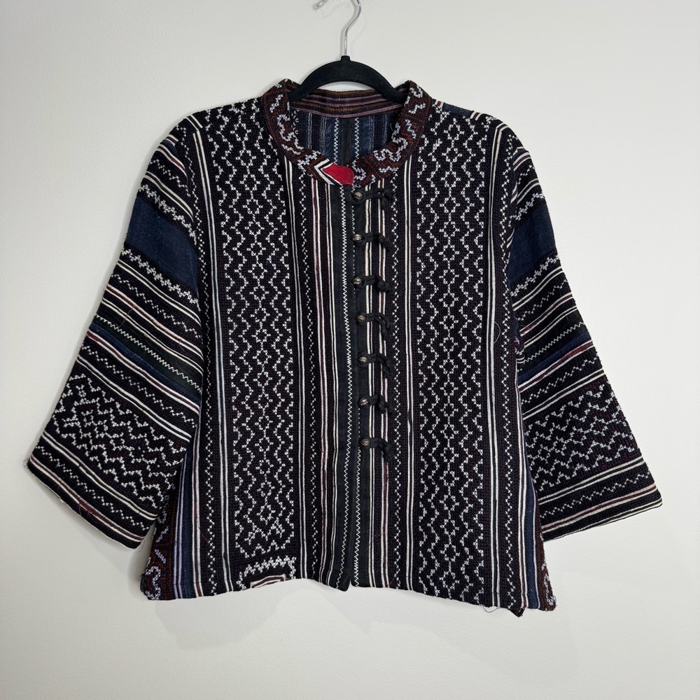 Woven Stand Collar Asian Style Black‎ White Red Toggle Wide Sleeve Jacket